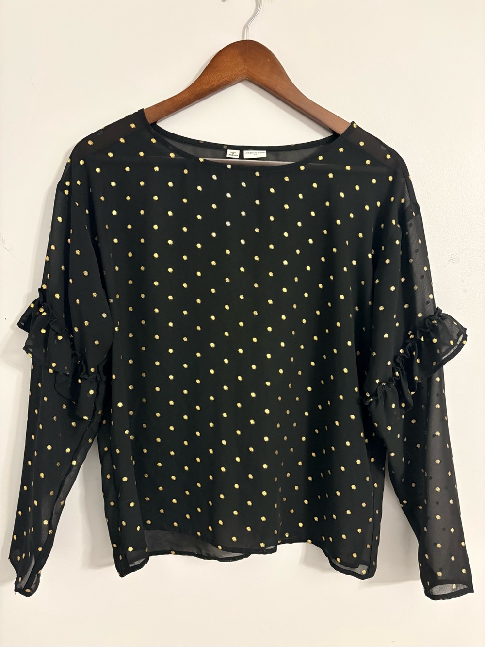 Black Sheer Blouse with Gold Polka Dots and Ruffle Sleeve Detail